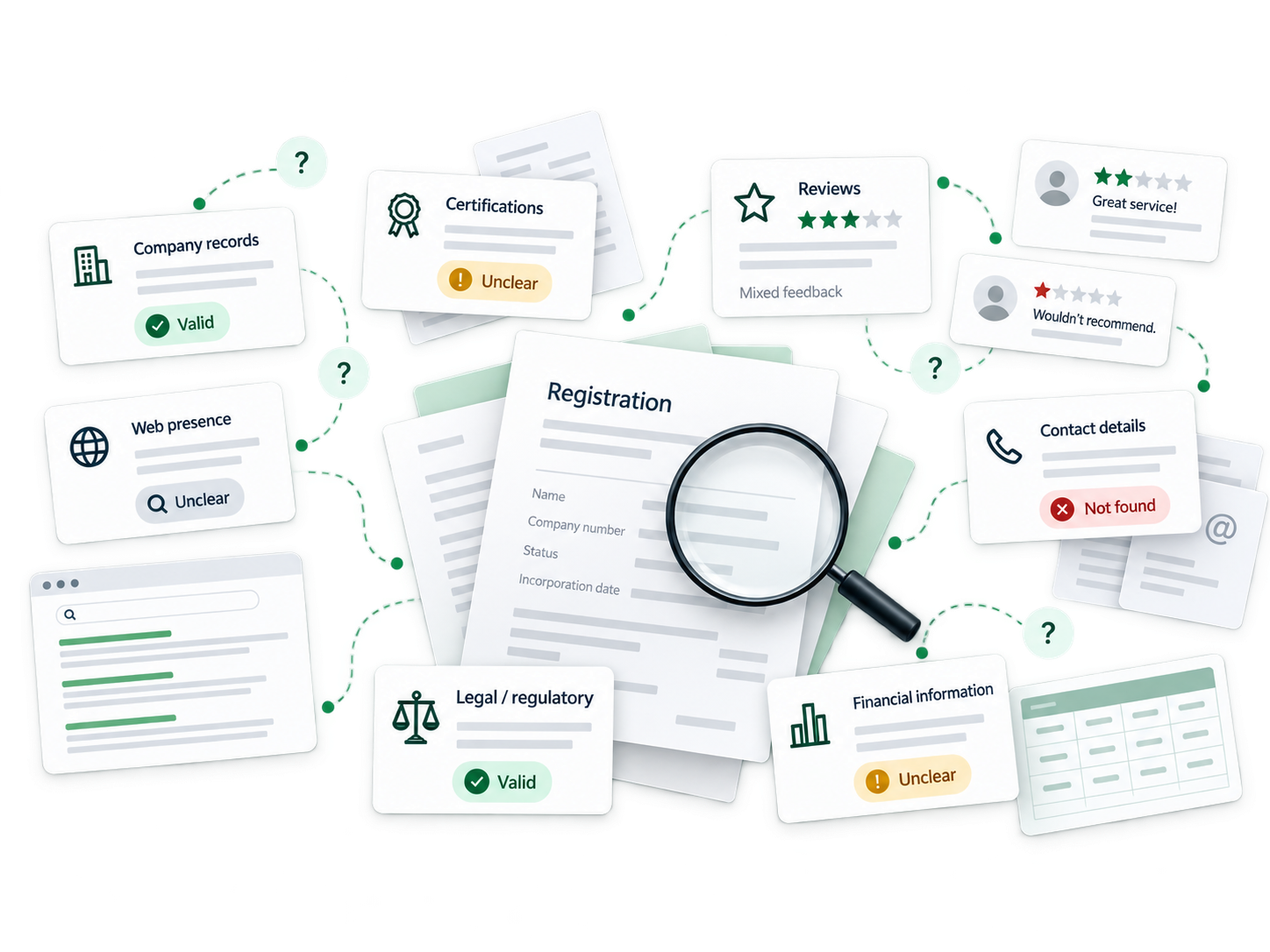 Scattered business records, certifications, reviews and contact checks that need to be interpreted together