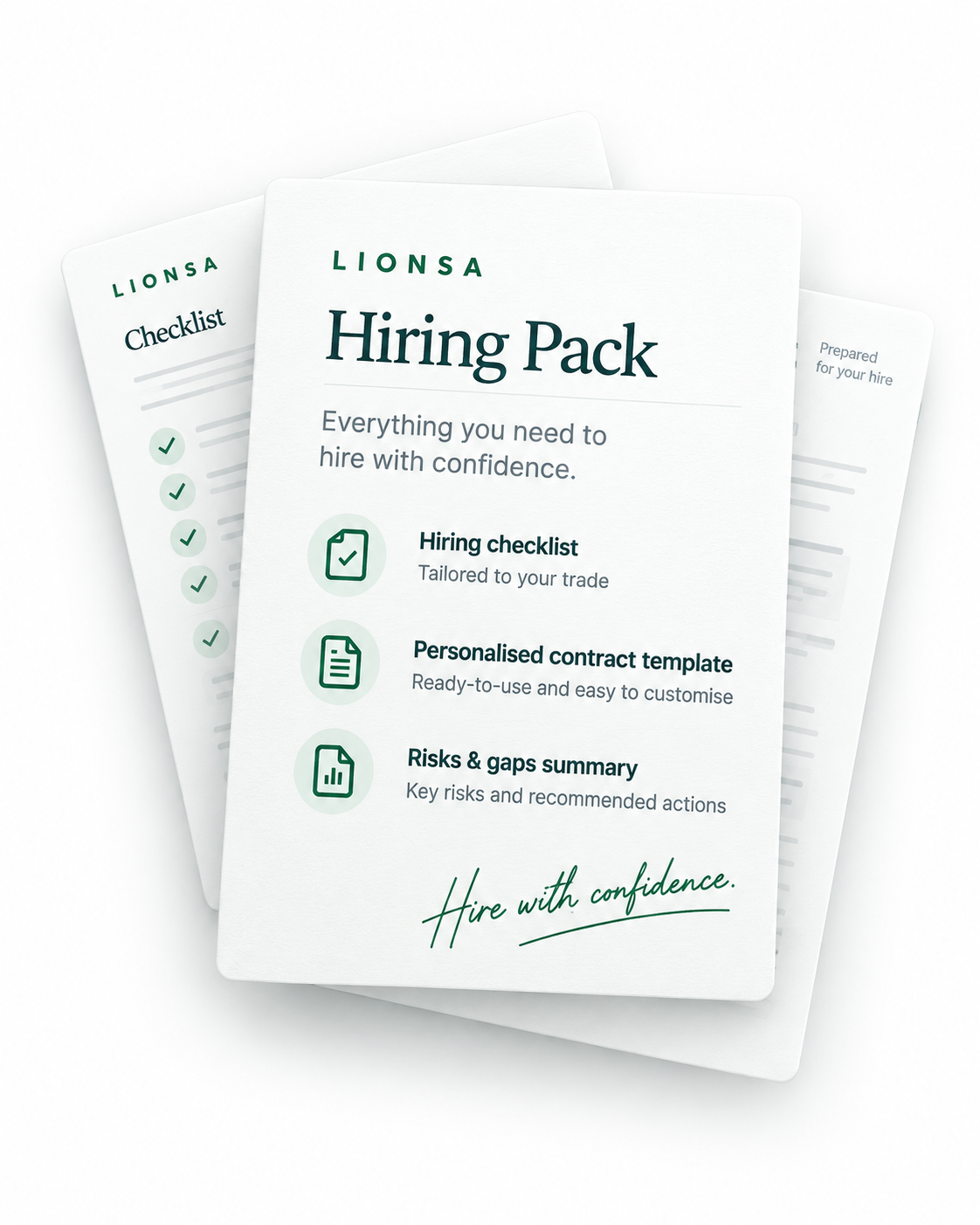 Lionsa Hiring Pack with a checklist, personalised contract template and risks and gaps summary